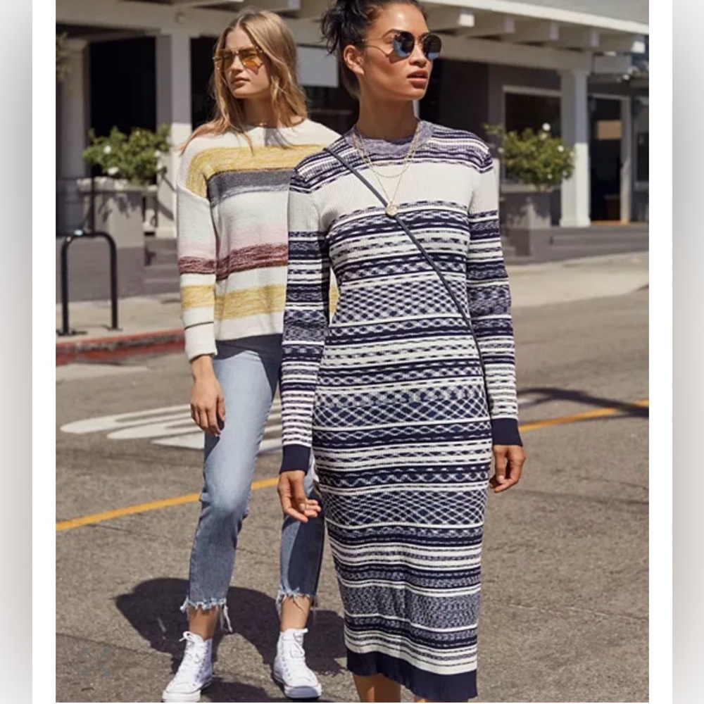 Tory Burch Julie Mixed Stripe Midi Dress Long Sleeves Women’s Size XS Blue Cream